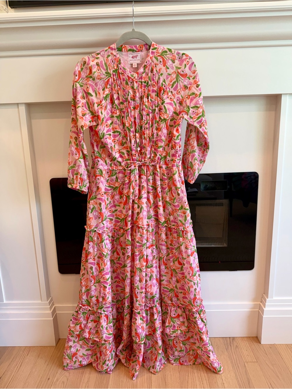 Banjanan Pink Floral Tiered Maxi Dress with Green Accents